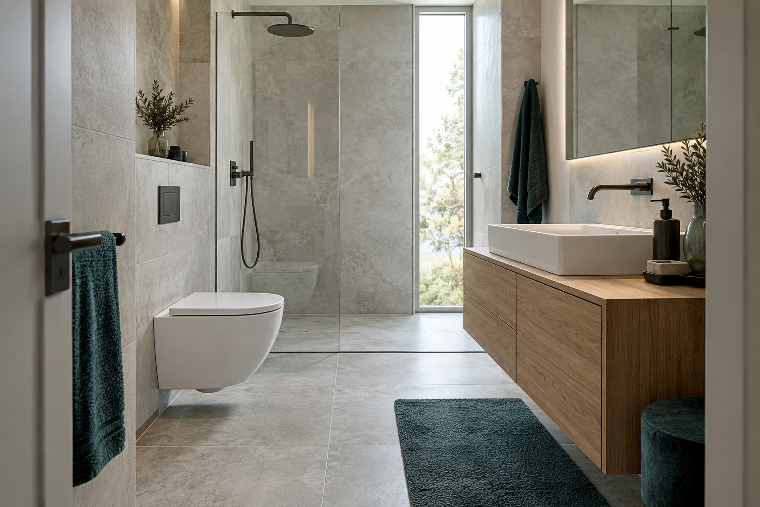 Architekturvisualisierung eines kompakten Bades mit heller Steinoberfläche, Holzwaschtisch und bodengleicher Dusche